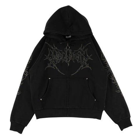 Welcome Grapple Cropped Pigment-Dyed Zip Hoodie w/Studs