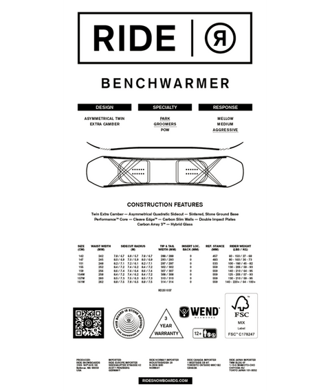 Ride Benchwarmer Snowboard 2026