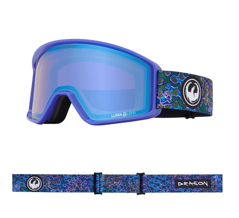 Dragon DXT ski goggles, purple frame, blue mirrored Luma lens, psychedelic strap pattern