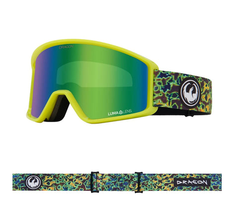 Dragon DXT ski goggles, lime green frame, green mirrored Luma lens, psychedelic strap
