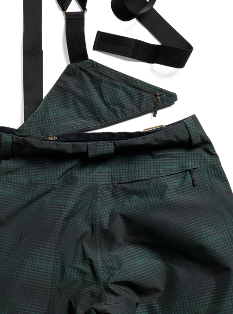 Dark green plaid Gore-Tex snow pants with detachable bib, suspenders, and zip pockets
