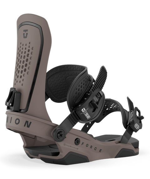 Union Force snowboard bindings in dark brown with black straps and highback