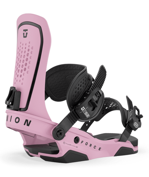 Union Force snowboard bindings in pink with black straps and baseplate