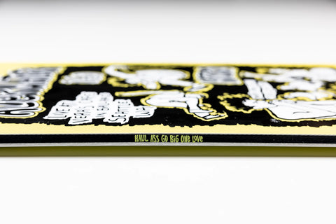 Nitro Alternator Snowboard 2027 edge detail, yellow black graphic, Haul Ass Go Big One Love text