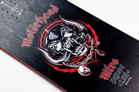 Nitro Phase x Motorhead snowboard, black deck with red skull graphic, 159 Mid-Wide