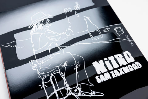 Nitro Sam Taxwood T1 snowboard 2027, black with white line art graphic