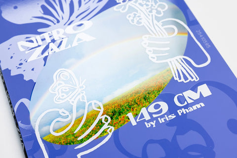 Nitro Zaza 149cm snowboard by Iris Pham, blue with white illustrated graphics
