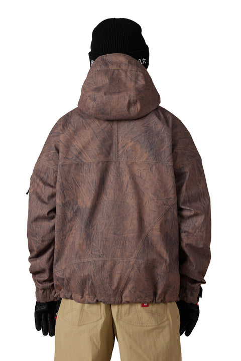686 Men's Dojo Shell Jacket in brown wood-grain print, back view with hood