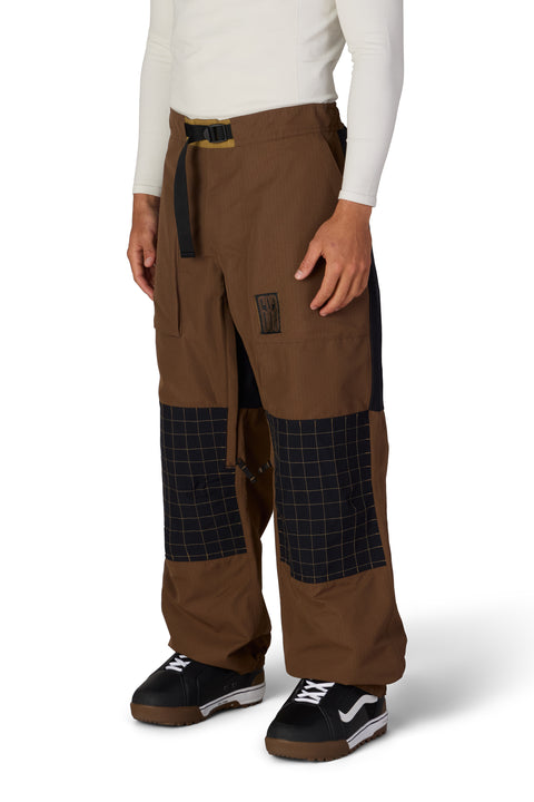 686 men's brown and black plaid colorblock snow pants with belt and cargo pocket