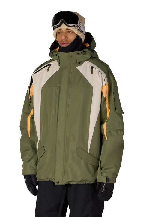 686 Men's 2003 Atom Jacket in olive green with cream and gold color blocking