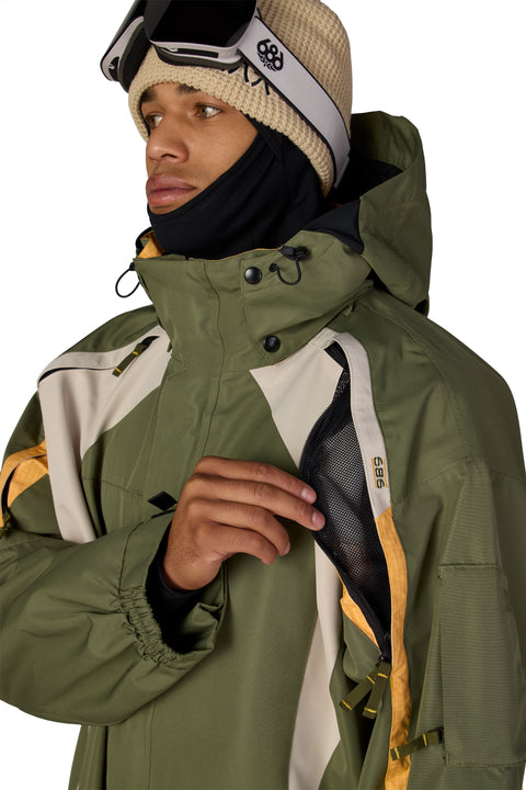 686 Men's 2003 Atom snowboard jacket in olive green with beige and gold colorblocking