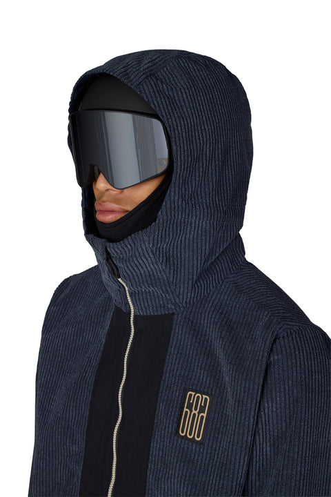 686 men's navy corduroy hooded anorak with ski goggles and gold logo patch