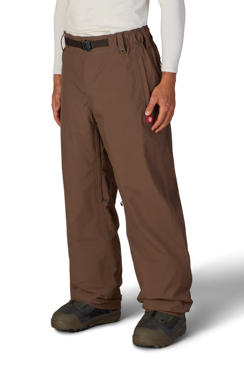 686 men's brown wide-leg Gore-Tex shell snow pant with belt and red logo patch