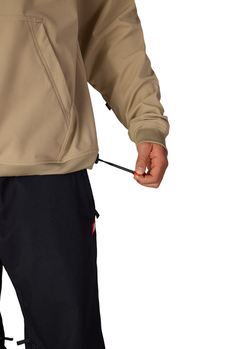 686 men's tan waterproof hoodie with ribbed cuffs and adjustable hem drawcord