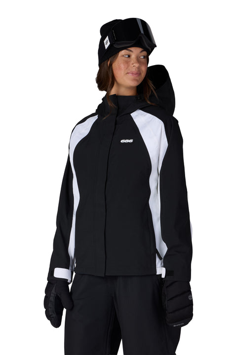 686 Women's Hologram Shell Jacket in black and white colorblock with hood