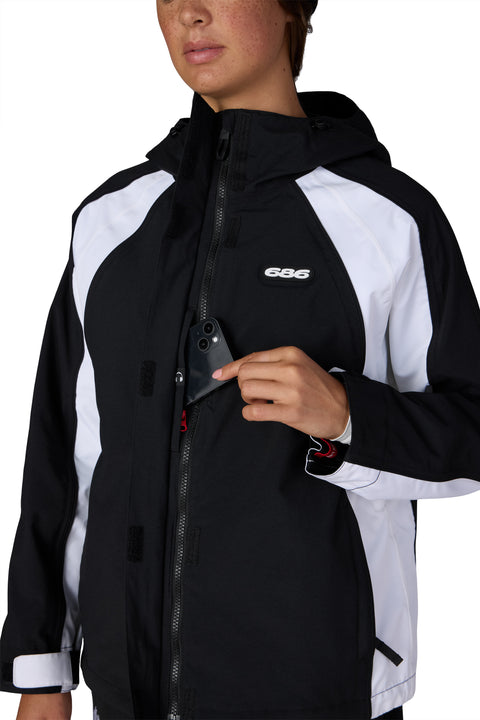 686 Women's black and white shell jacket with chest phone pocket and hood