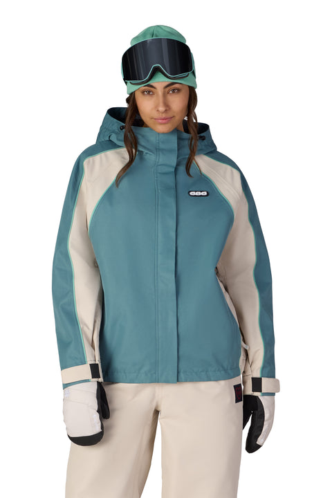 686 Women's Hologram Shell Jacket in teal and cream colorblock with hood