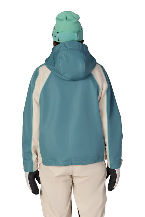 686 Women's Hologram Shell Jacket in teal and cream colorblock, back view
