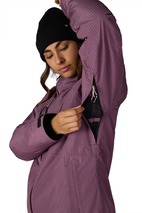 686 Women's Hydra Thermagraph Jacket in purple ripstop grid, showing underarm venting zip detail.