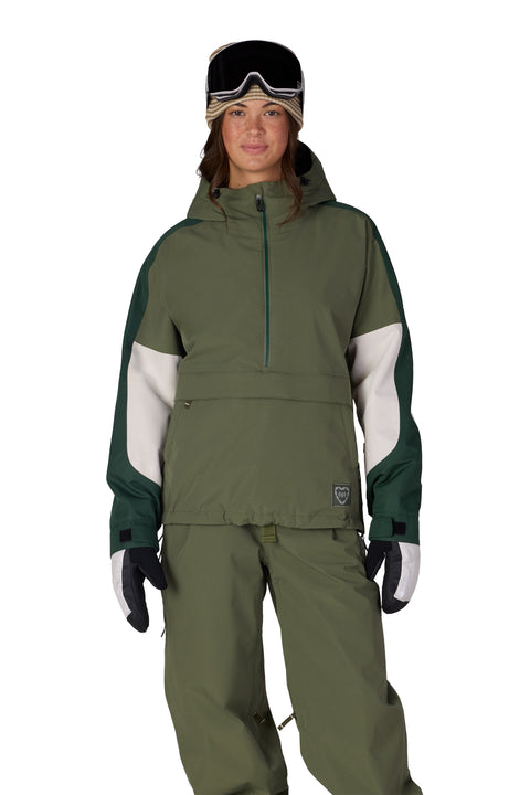 686 Women's Outline Shell Anorak in olive green colorblock with half-zip pullover design