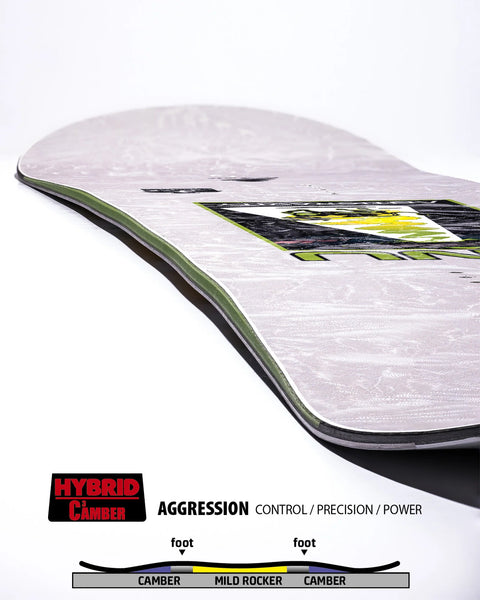 GNU Antigravity 2027 snowboard base view showing Hybrid Camber3 profile with green sidewalls
