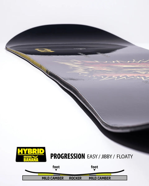GNU Facts Snowboard 2027 black deck with hybrid banana rocker profile side view