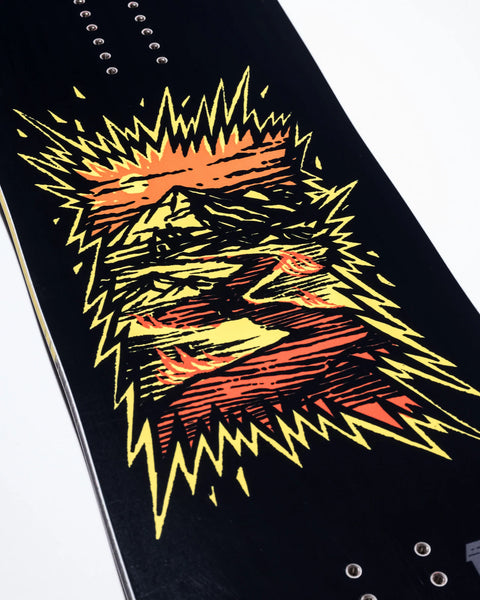 GNU Facts Snowboard 2027 black deck with yellow and orange lightning graphic