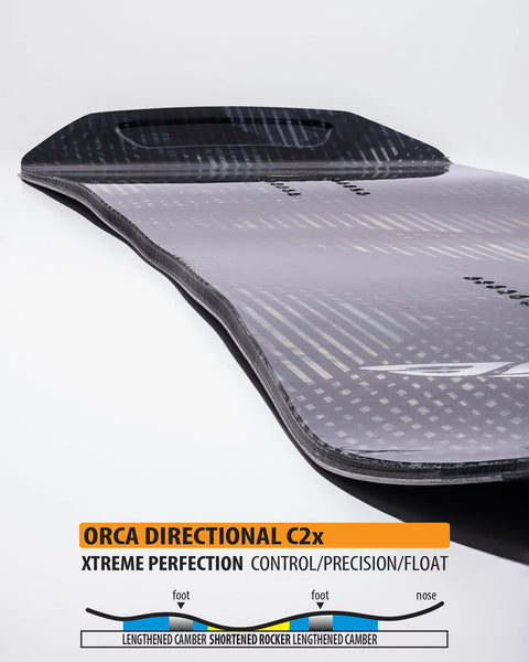 Lib Tech Apex Orca II black snowboard with Directional C2x camber-rocker profile diagram