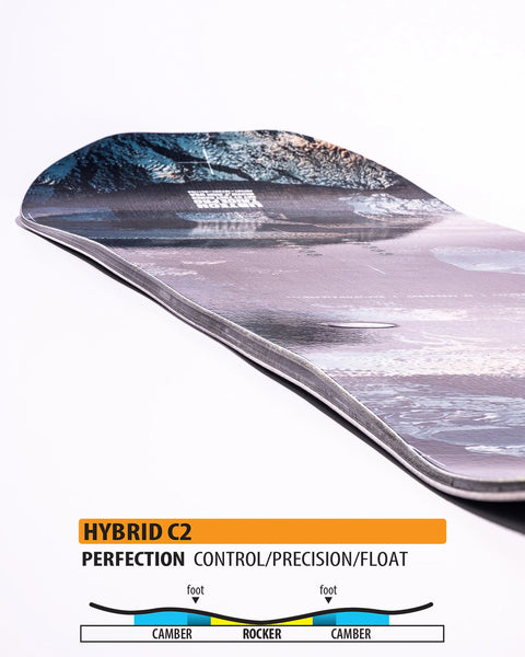 Lib Tech T.Rice Pro snowboard with mountain graphic and Hybrid C2 camber-rocker profile diagram