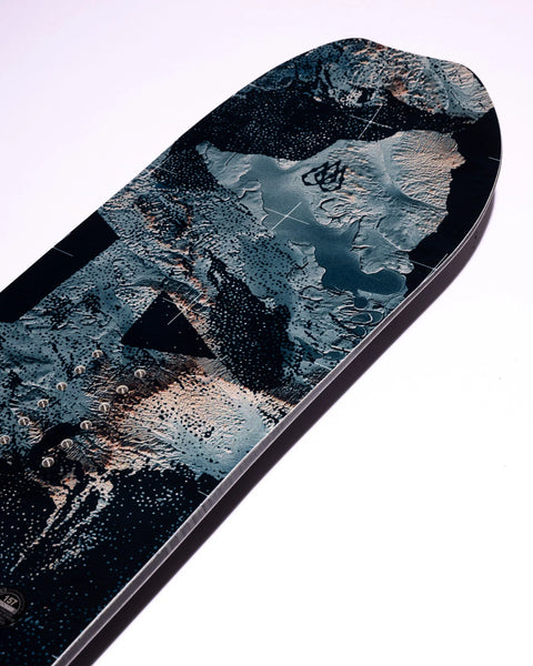 Lib Tech T.Rice Pro 157 snowboard with dark teal aerial terrain graphic topsheet