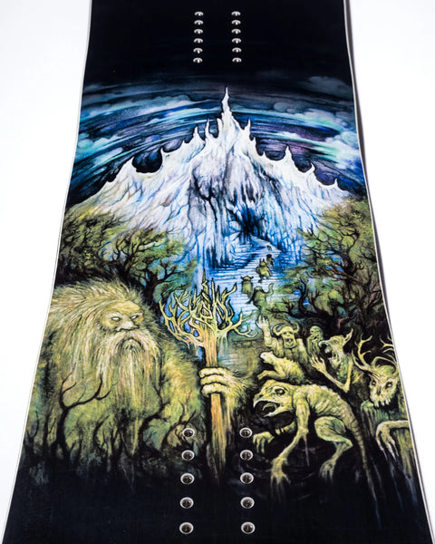 Lib Tech Skunk Ape Twin Snowboard top sheet with dark fantasy forest creature artwork
