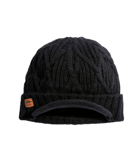 Coal Yukon black cable-knit beanie with brim and leather logo patch