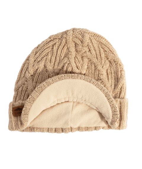 Coal Yukon cable-knit beige beanie with fleece lining and ribbed cuff brim