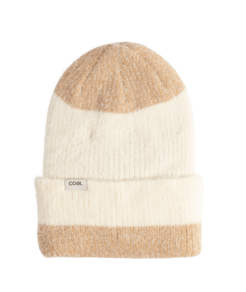 Coal ribbed knit beanie in cream with tan colorblock top and cuffed brim