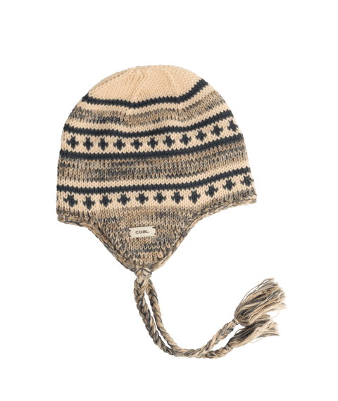 Coal Dori cream fair isle knit beanie with ear flaps and braided tassels
