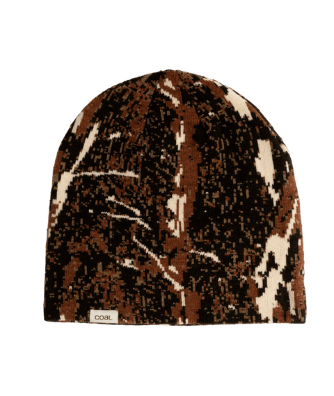 Coal Switch Beanie in brown black and white woodland camo knit pattern