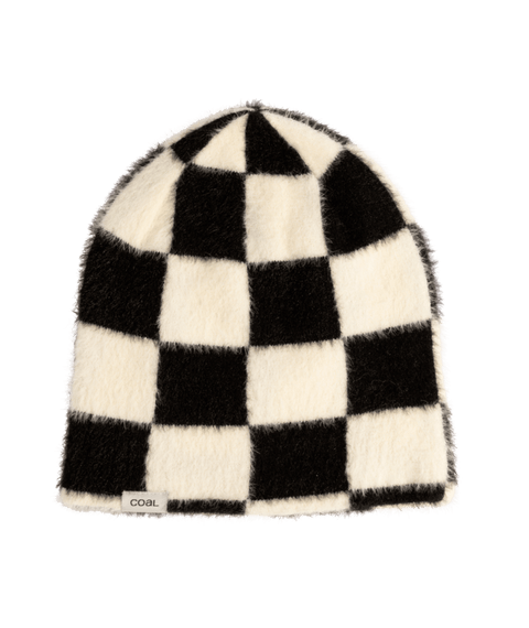 Coal black and white checkerboard fuzzy knit skull beanie hat