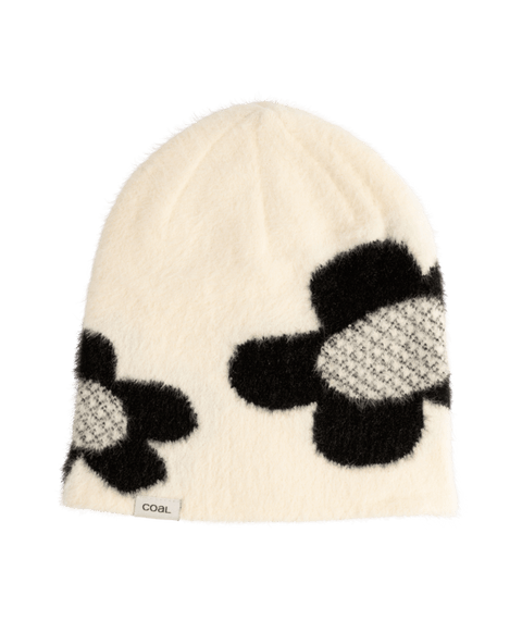 Coal cream knit beanie with black floral pattern and fuzzy texture