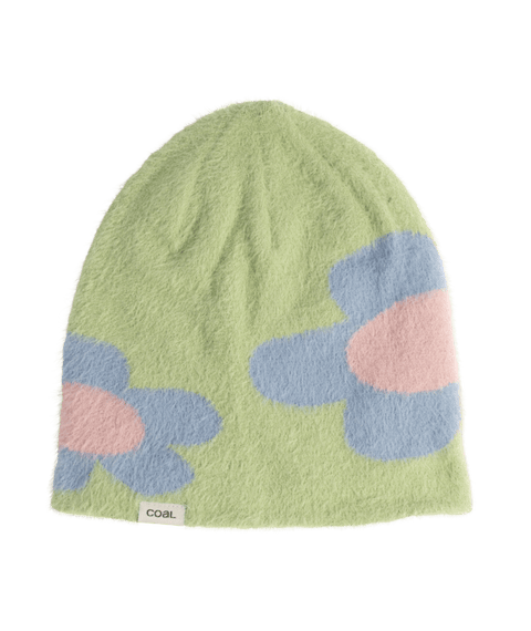Coal Pearl beanie in light green with oversized blue and pink floral pattern