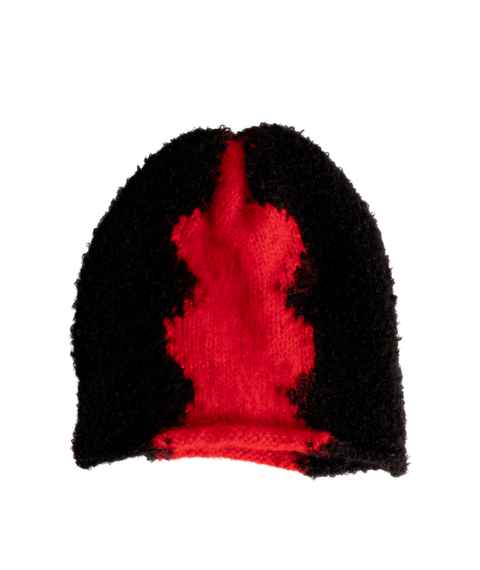 Black chunky knit beanie with bold red flame pattern on front