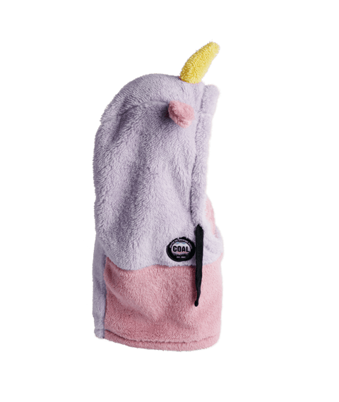 Coal Ridge Kids' fleece balaclava hood in lavender and pink with unicorn horn