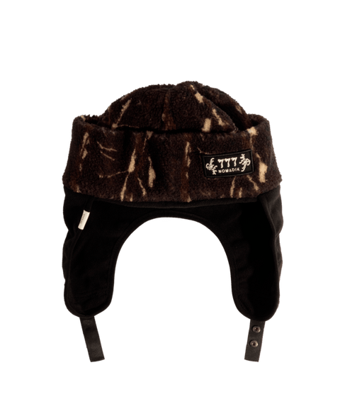 Coal Kazu 777 trapper beanie in brown sherpa with black ear flaps