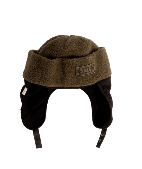 Coal Kazu 777 olive sherpa trapper beanie with black ear flaps and chin straps