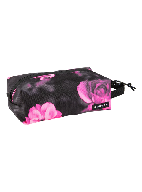 Burton accessory case in black with pink floral print and zip closure