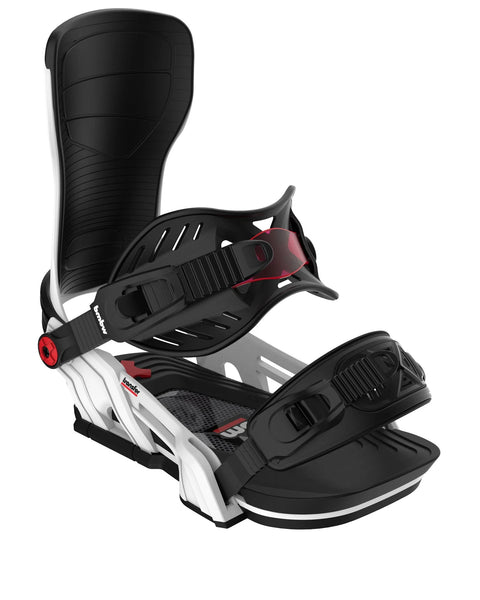 Bent Metal Transfer snowboard bindings in black and white with red accents