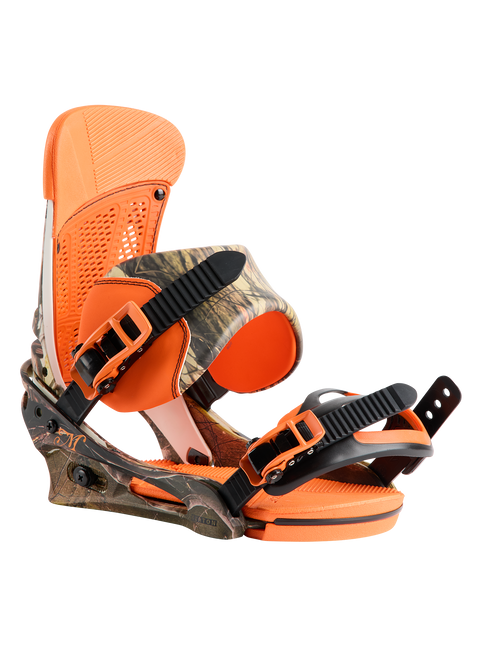 Burton Malavita snowboard bindings in orange and camo pattern with black straps