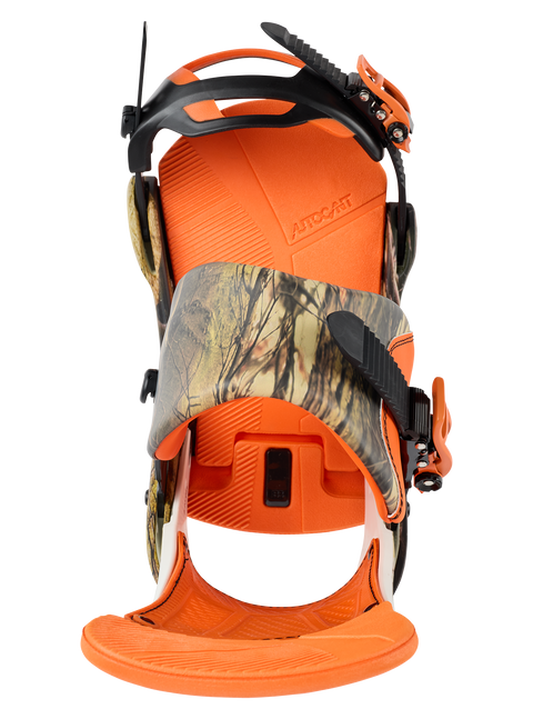 Burton Malavita X snowboard bindings in orange and mossy oak camo pattern