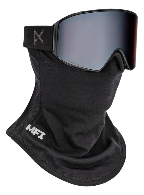 Anon MFI black neck warmer paired with Perceive Onyx ski goggles on mannequin