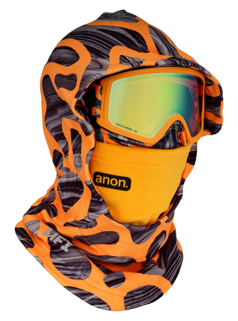 Anon kids' orange tiger-print balaclava with fleece face mask and matching gold amber goggles