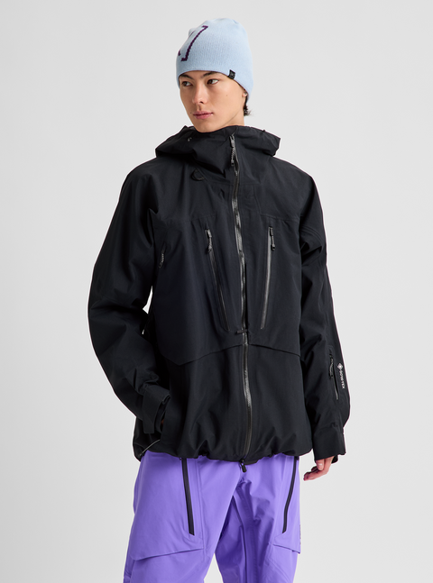 Men's black GORE-TEX hooded snowboard jacket with multiple zip pockets